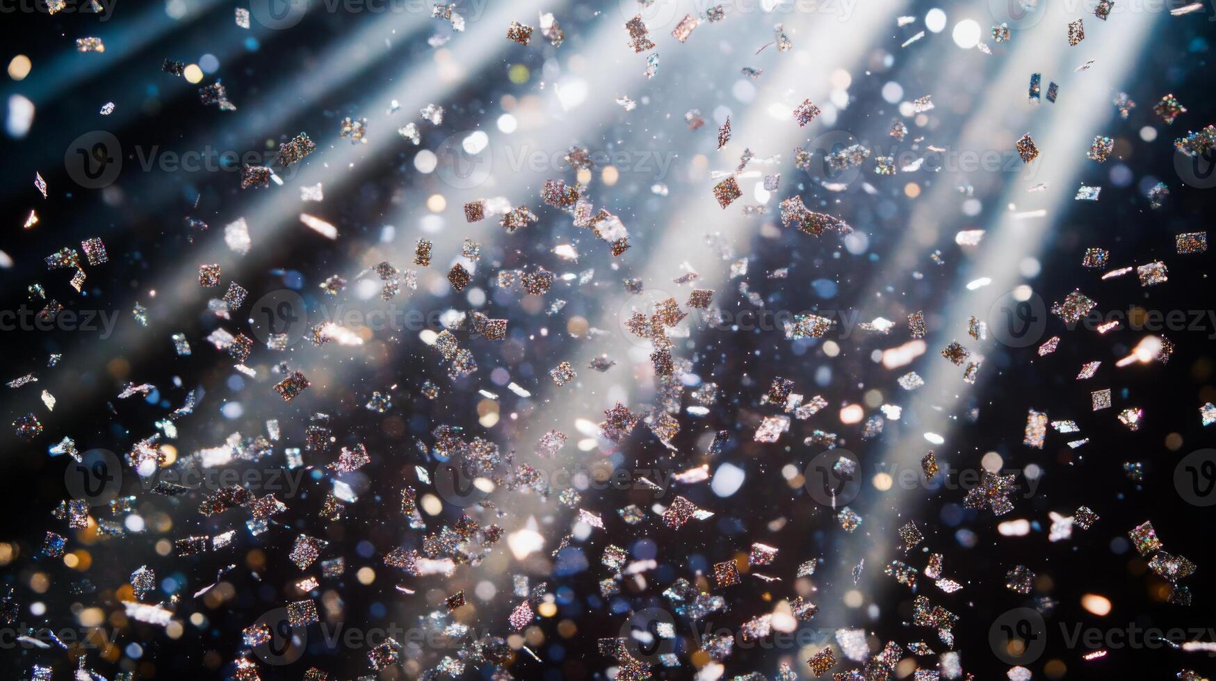 A shower of glittering confetti, highlighted by piercing light rays that create sharp contrasts between the bright pieces and the dark background photo