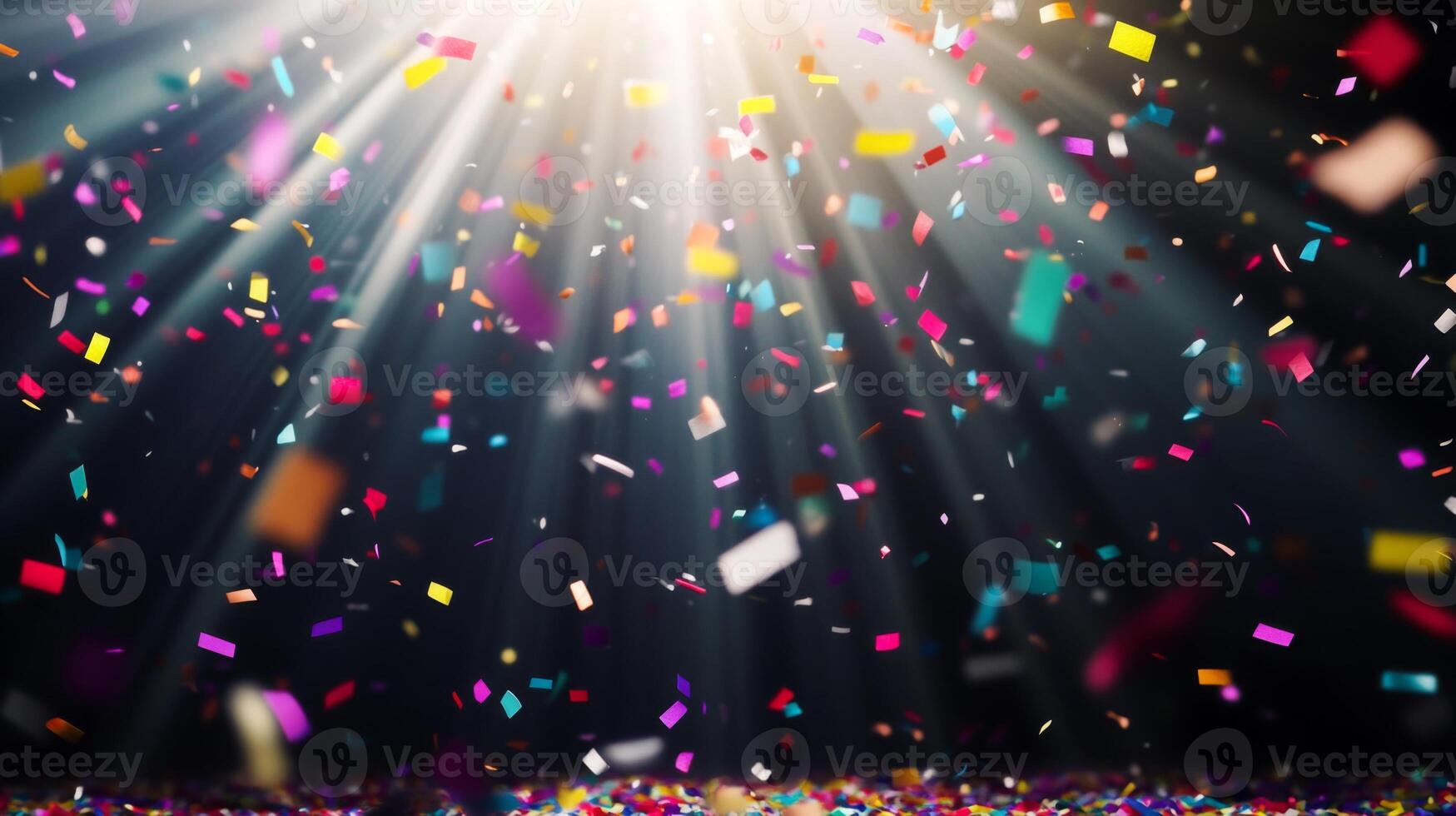Bright, colorful confetti falling against a dark background, illuminated by sharp rays of light cutting through the scene, creating a festive and dynamic atmosphere photo