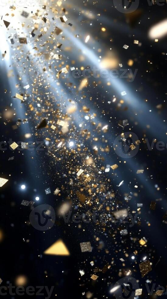 A burst of sparkling confetti, with golden and silver pieces glinting under bright, focused beams of light, set against a dark, mysterious background photo