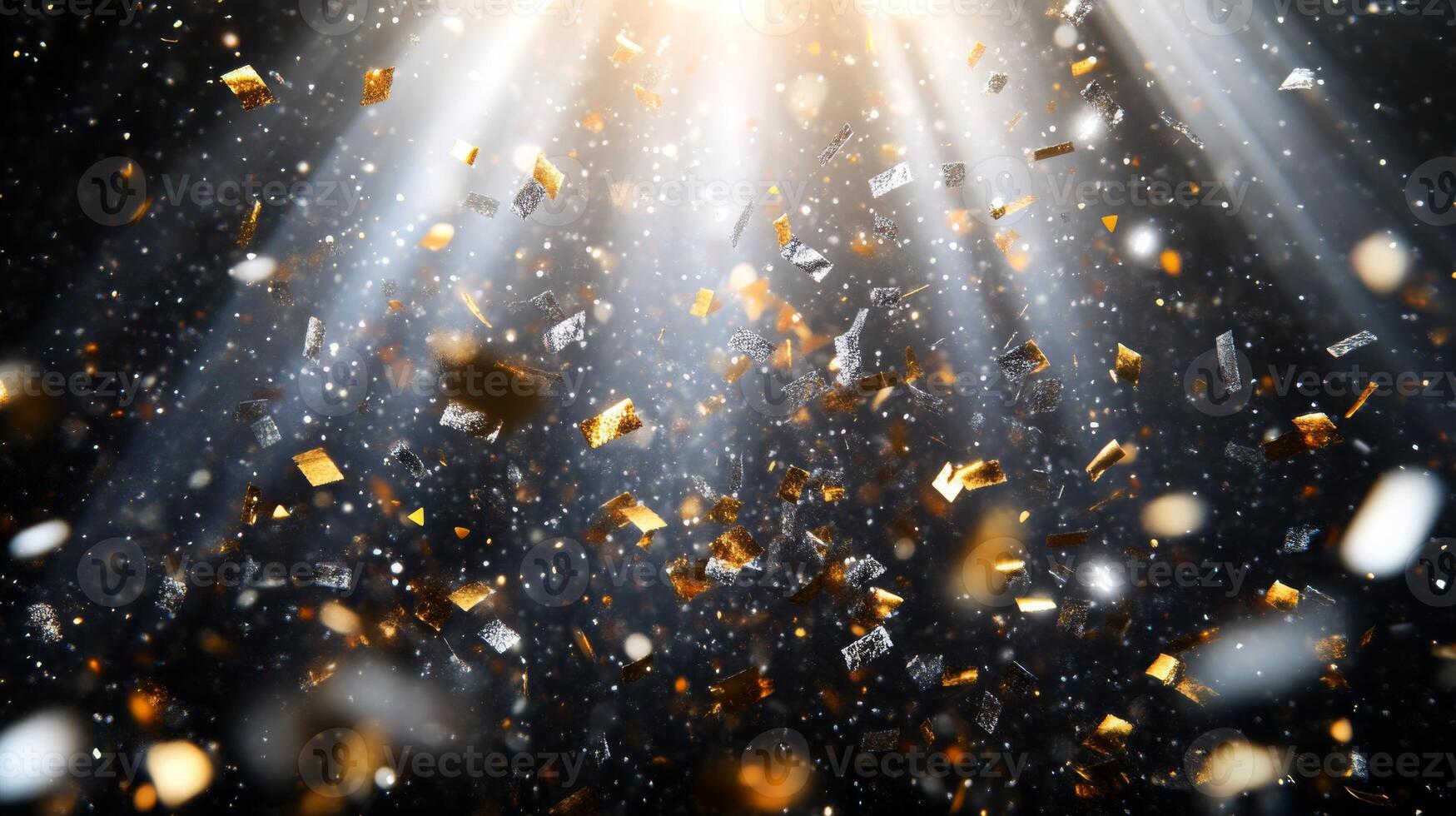 A burst of sparkling confetti, with golden and silver pieces glinting under bright, focused beams of light, set against a dark, mysterious background photo