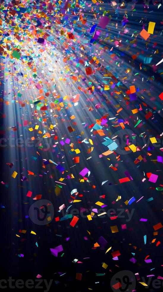 Bright, colorful confetti falling against a dark background, illuminated by sharp rays of light cutting through the scene, creating a festive and dynamic atmosphere photo