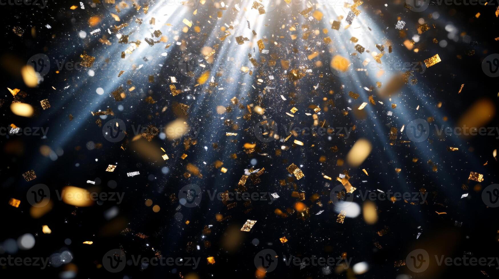 A burst of sparkling confetti, with golden and silver pieces glinting under bright, focused beams of light, set against a dark, mysterious background photo