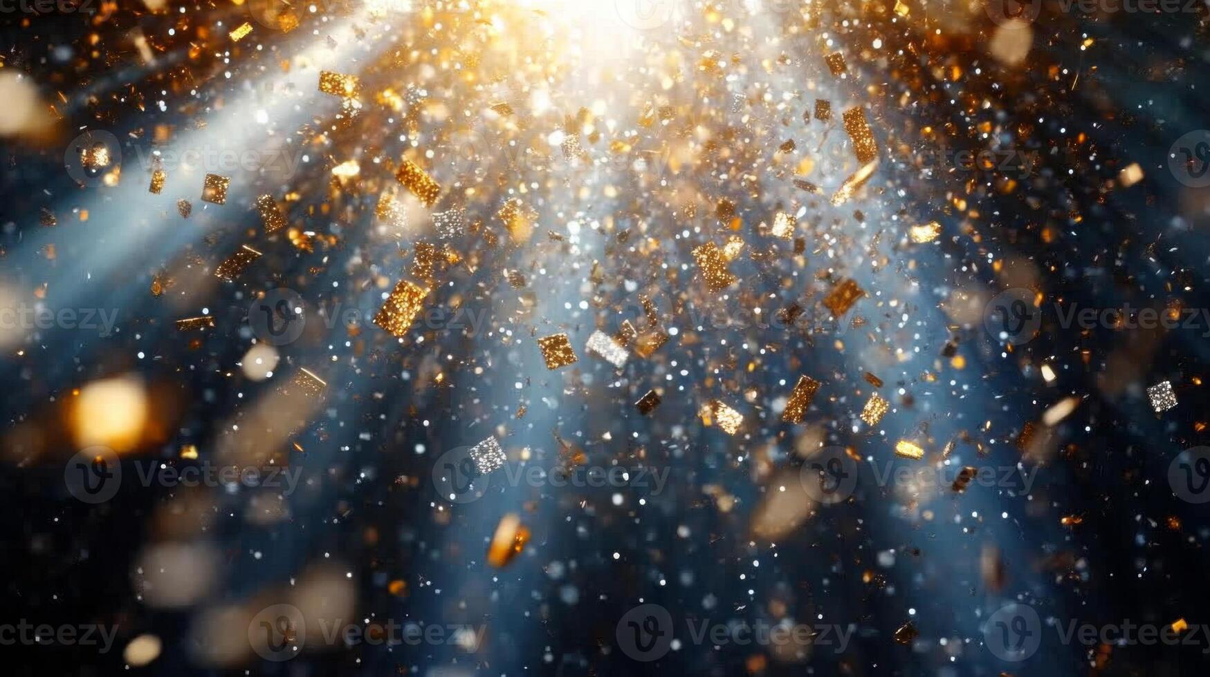 A burst of sparkling confetti, with golden and silver pieces glinting under bright, focused beams of light, set against a dark, mysterious background photo