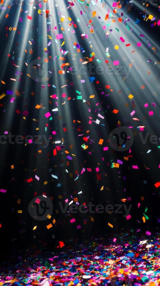 Bright, colorful confetti falling against a dark background, illuminated by sharp rays of light cutting through the scene, creating a festive and dynamic atmosphere photo