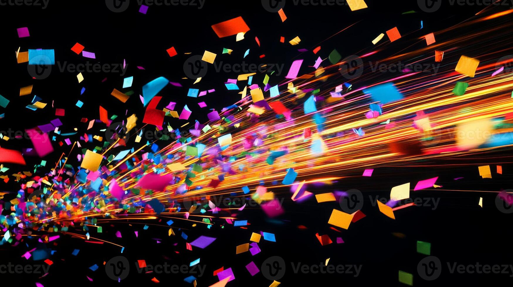 A vibrant scene of confetti fluttering through the air, with bold, colorful streaks of light illuminating the falling pieces against a deep black background photo