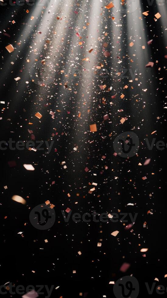 Abstract image of falling confetti illuminated by soft, scattered light rays, creating a magical and ethereal atmosphere over a black background photo