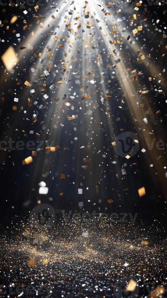 A burst of sparkling confetti, with golden and silver pieces glinting under bright, focused beams of light, set against a dark, mysterious background photo