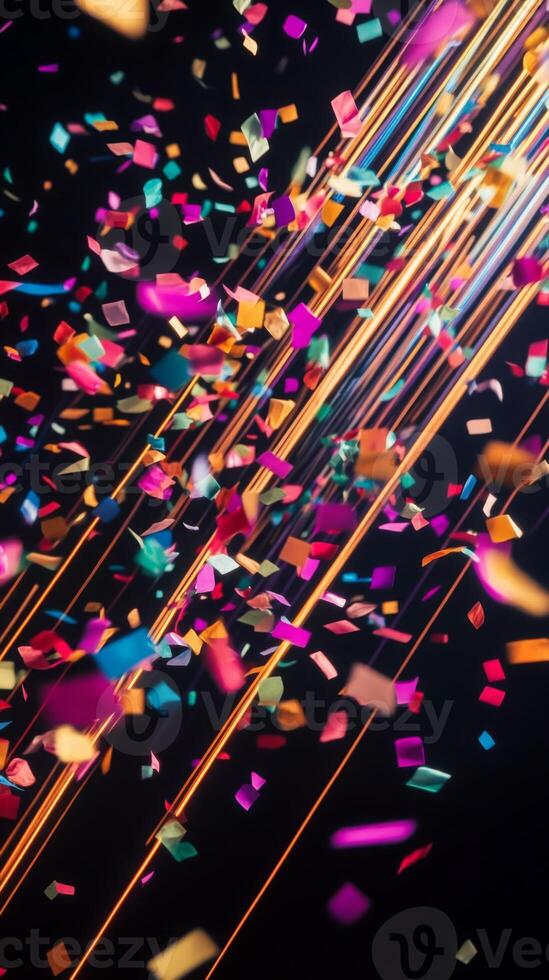A vibrant scene of confetti fluttering through the air, with bold, colorful streaks of light illuminating the falling pieces against a deep black background photo