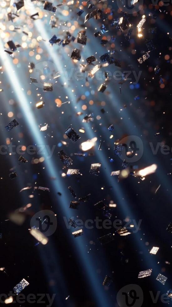 A cascade of metallic confetti falling in slow motion, with radiant beams of light piercing through the darkness, highlighting each piece in vivid detail photo