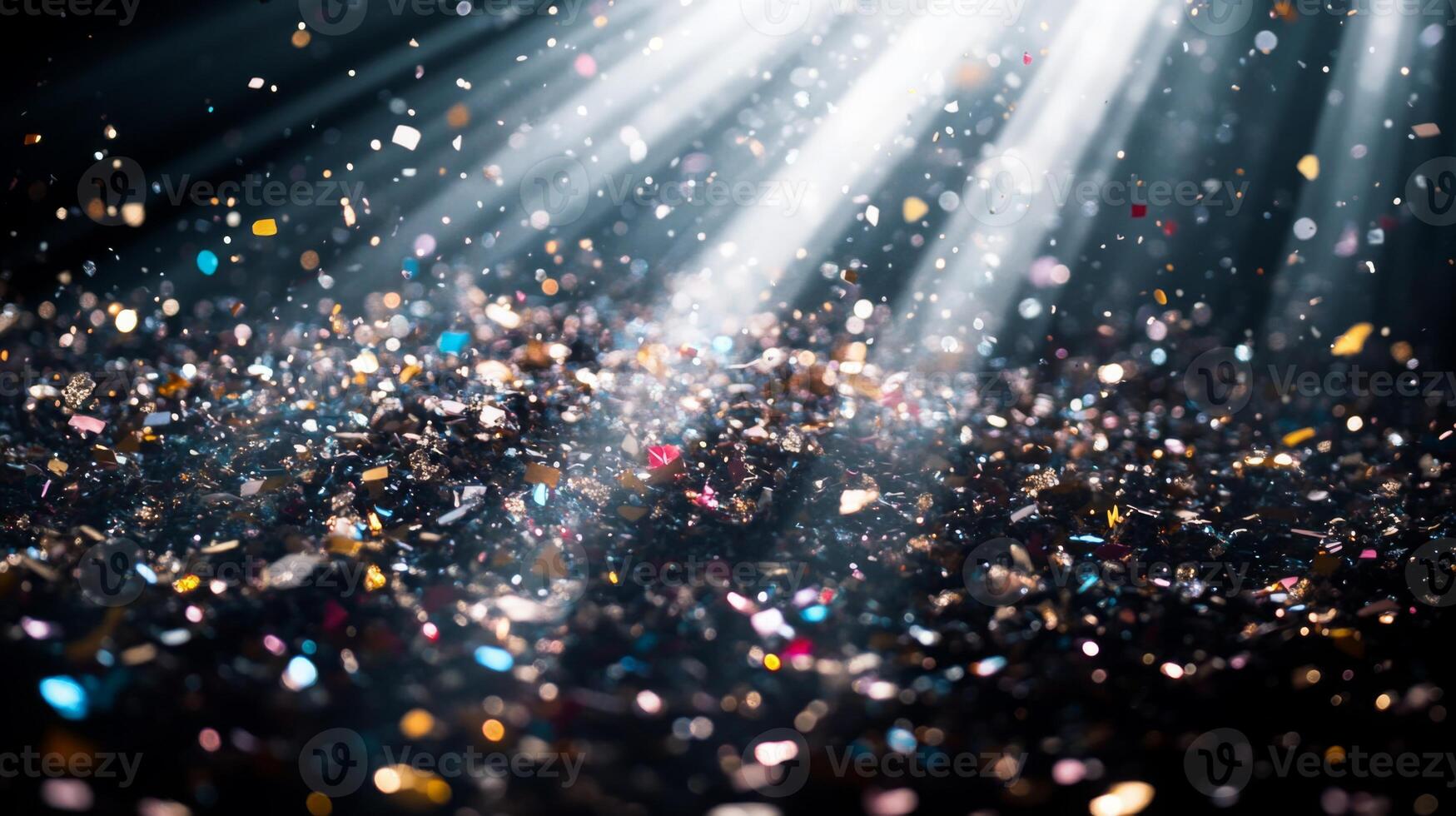 A shower of glittering confetti, highlighted by piercing light rays that create sharp contrasts between the bright pieces and the dark background photo