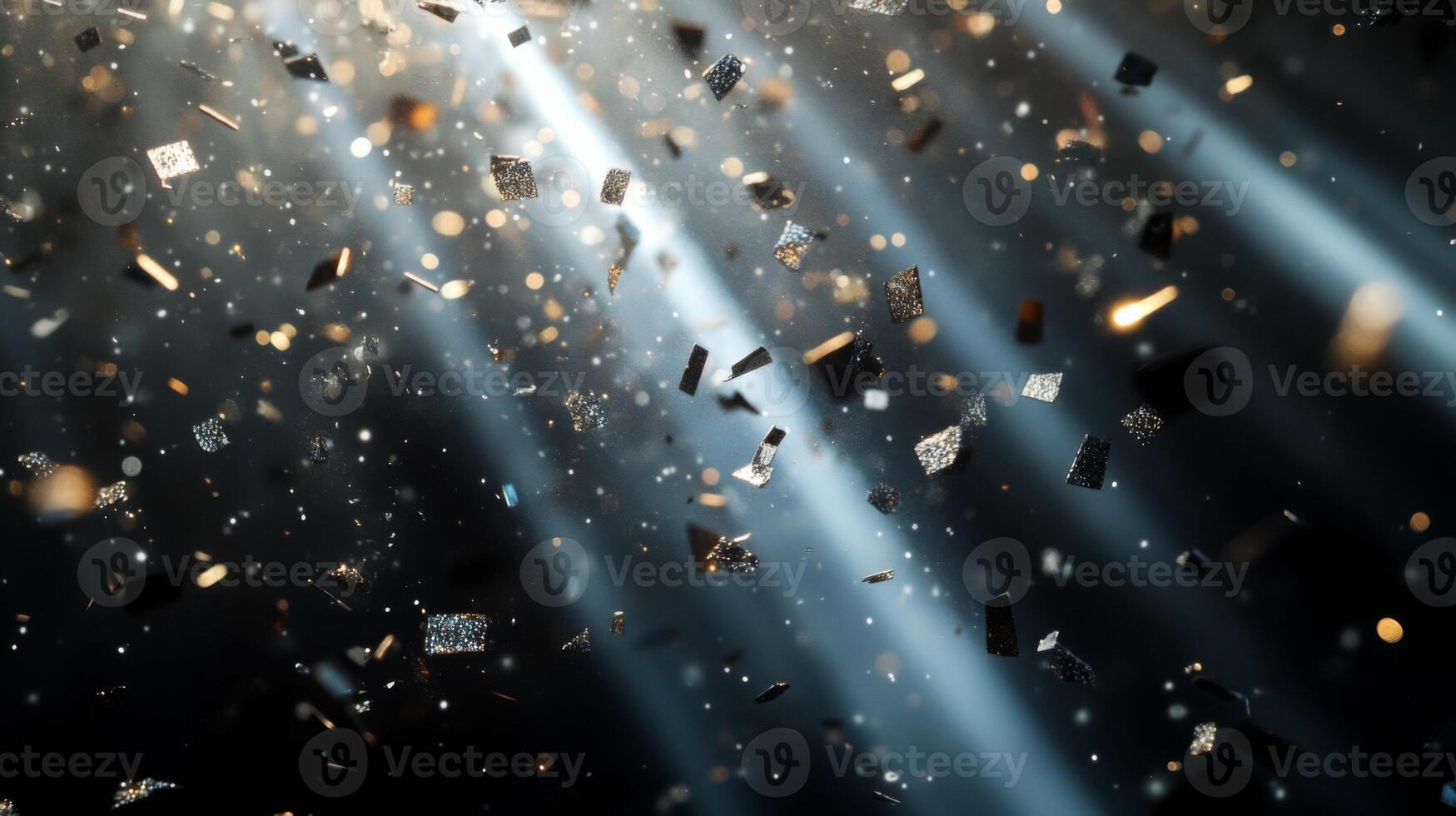 A cascade of metallic confetti falling in slow motion, with radiant beams of light piercing through the darkness, highlighting each piece in vivid detail photo