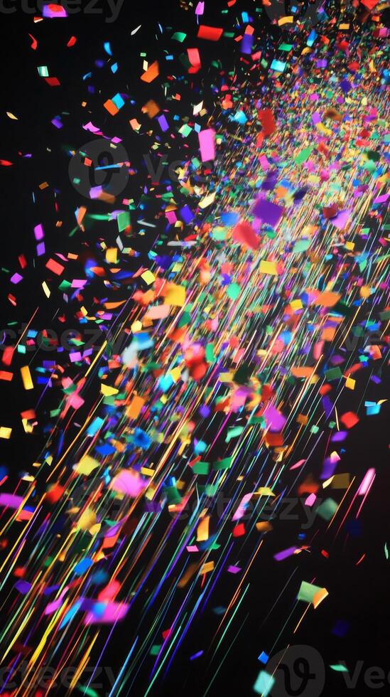A vibrant scene of confetti fluttering through the air, with bold, colorful streaks of light illuminating the falling pieces against a deep black background photo