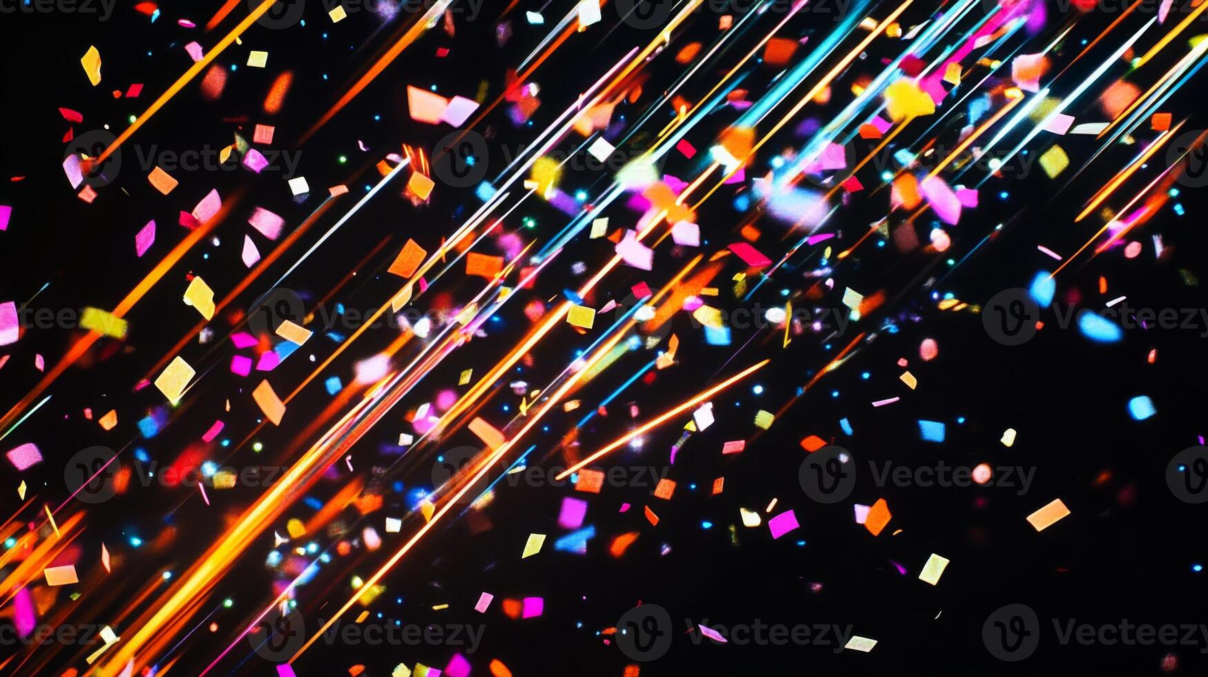 A vibrant scene of confetti fluttering through the air, with bold, colorful streaks of light illuminating the falling pieces against a deep black background photo