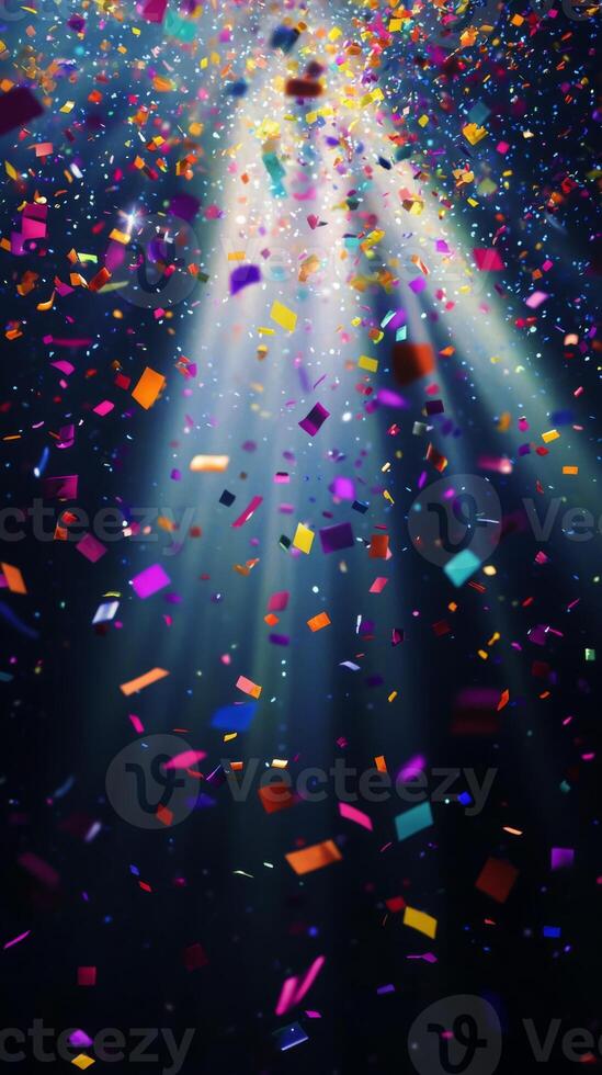 Bright, colorful confetti falling against a dark background, illuminated by sharp rays of light cutting through the scene, creating a festive and dynamic atmosphere photo