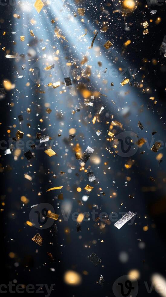 A burst of sparkling confetti, with golden and silver pieces glinting under bright, focused beams of light, set against a dark, mysterious background photo