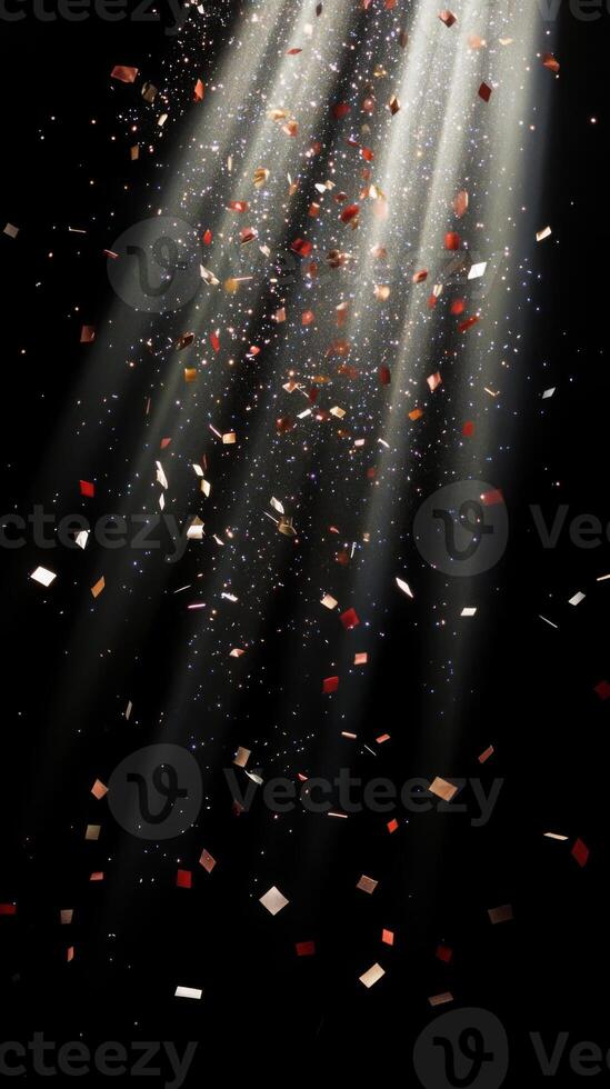 Abstract image of falling confetti illuminated by soft, scattered light rays, creating a magical and ethereal atmosphere over a black background photo