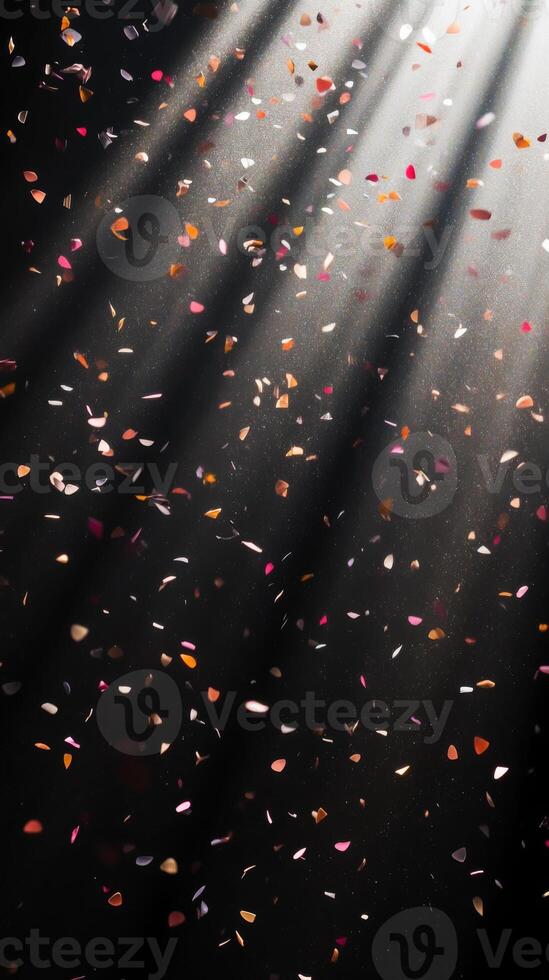 Abstract image of falling confetti illuminated by soft, scattered light rays, creating a magical and ethereal atmosphere over a black background photo