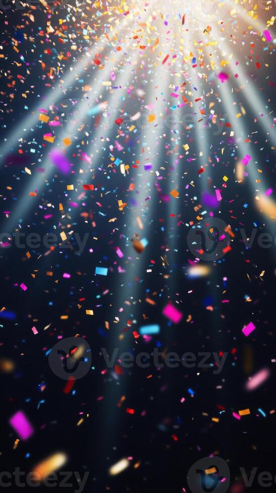 Bright, colorful confetti falling against a dark background, illuminated by sharp rays of light cutting through the scene, creating a festive and dynamic atmosphere photo
