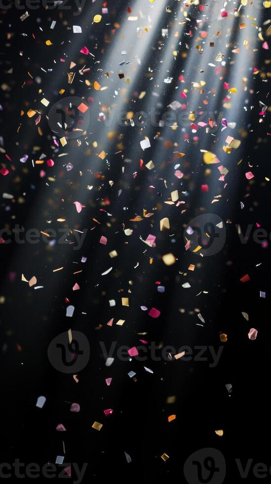 Abstract image of falling confetti illuminated by soft, scattered light rays, creating a magical and ethereal atmosphere over a black background photo
