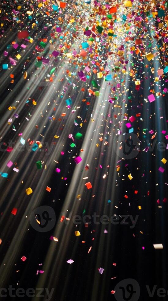 Colorful confetti suspended mid-air, with beams of light fanning out and illuminating the particles as they fall against a black void photo