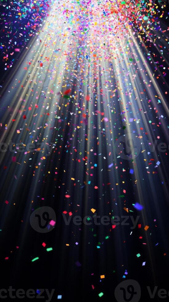 Colorful confetti suspended mid-air, with beams of light fanning out and illuminating the particles as they fall against a black void photo