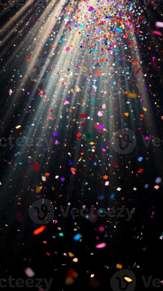 Colorful confetti suspended mid-air, with beams of light fanning out and illuminating the particles as they fall against a black void photo
