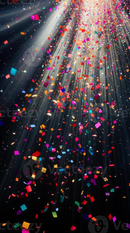 Colorful confetti suspended mid-air, with beams of light fanning out and illuminating the particles as they fall against a black void photo