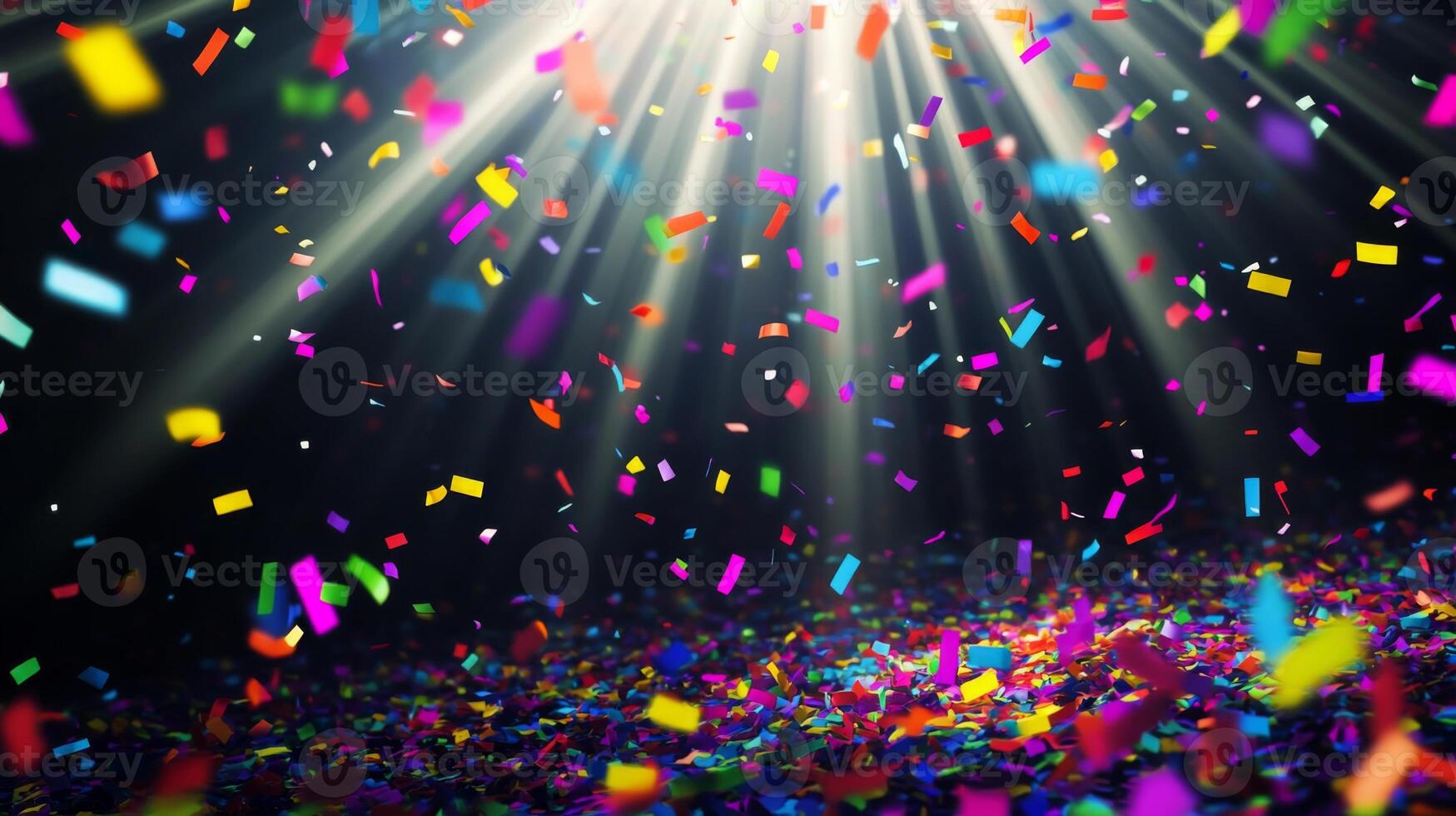 Bright, colorful confetti falling against a dark background, illuminated by sharp rays of light cutting through the scene, creating a festive and dynamic atmosphere photo