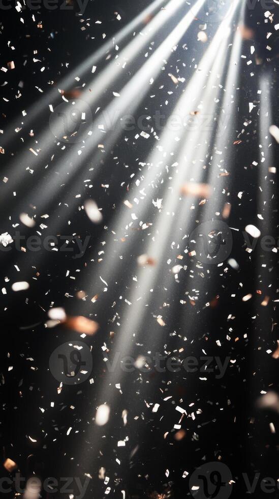 Dynamic image of swirling confetti, caught in beams of white light, with the dark background enhancing the brightness and movement of the scene photo