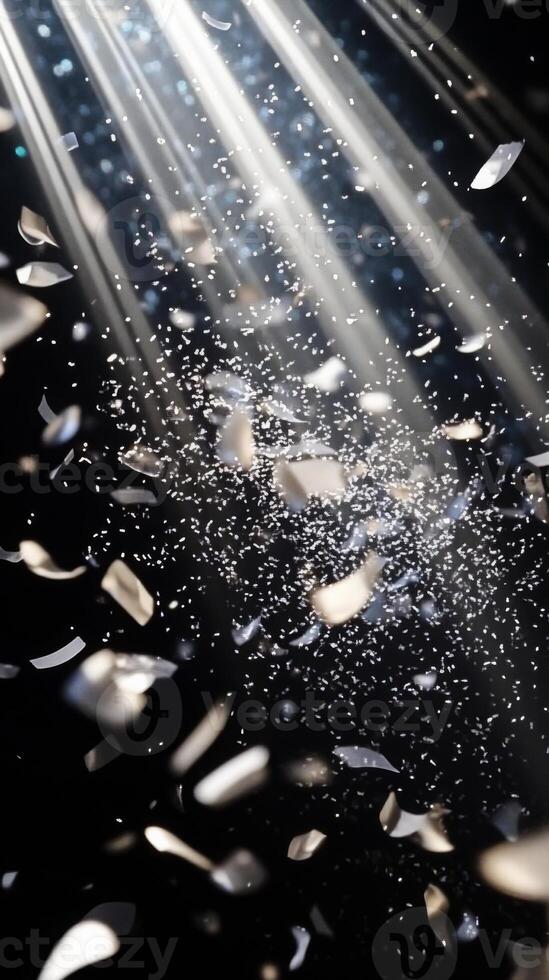 Dynamic image of swirling confetti, caught in beams of white light, with the dark background enhancing the brightness and movement of the scene photo
