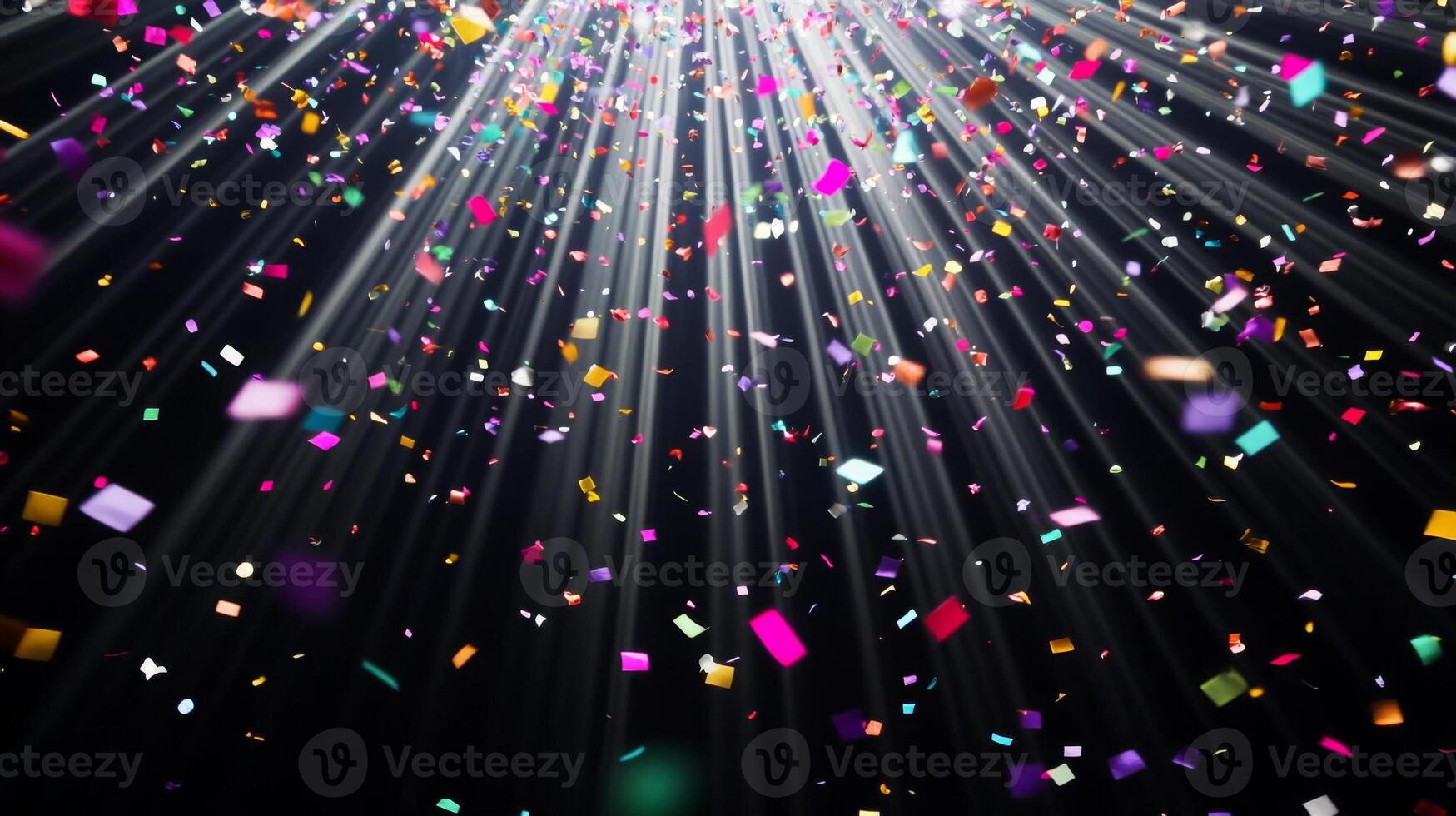 Colorful confetti suspended mid-air, with beams of light fanning out and illuminating the particles as they fall against a black void photo