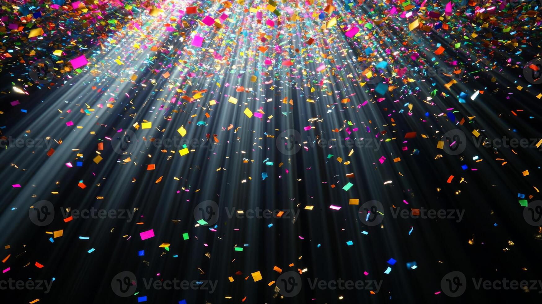 Colorful confetti suspended mid-air, with beams of light fanning out and illuminating the particles as they fall against a black void photo