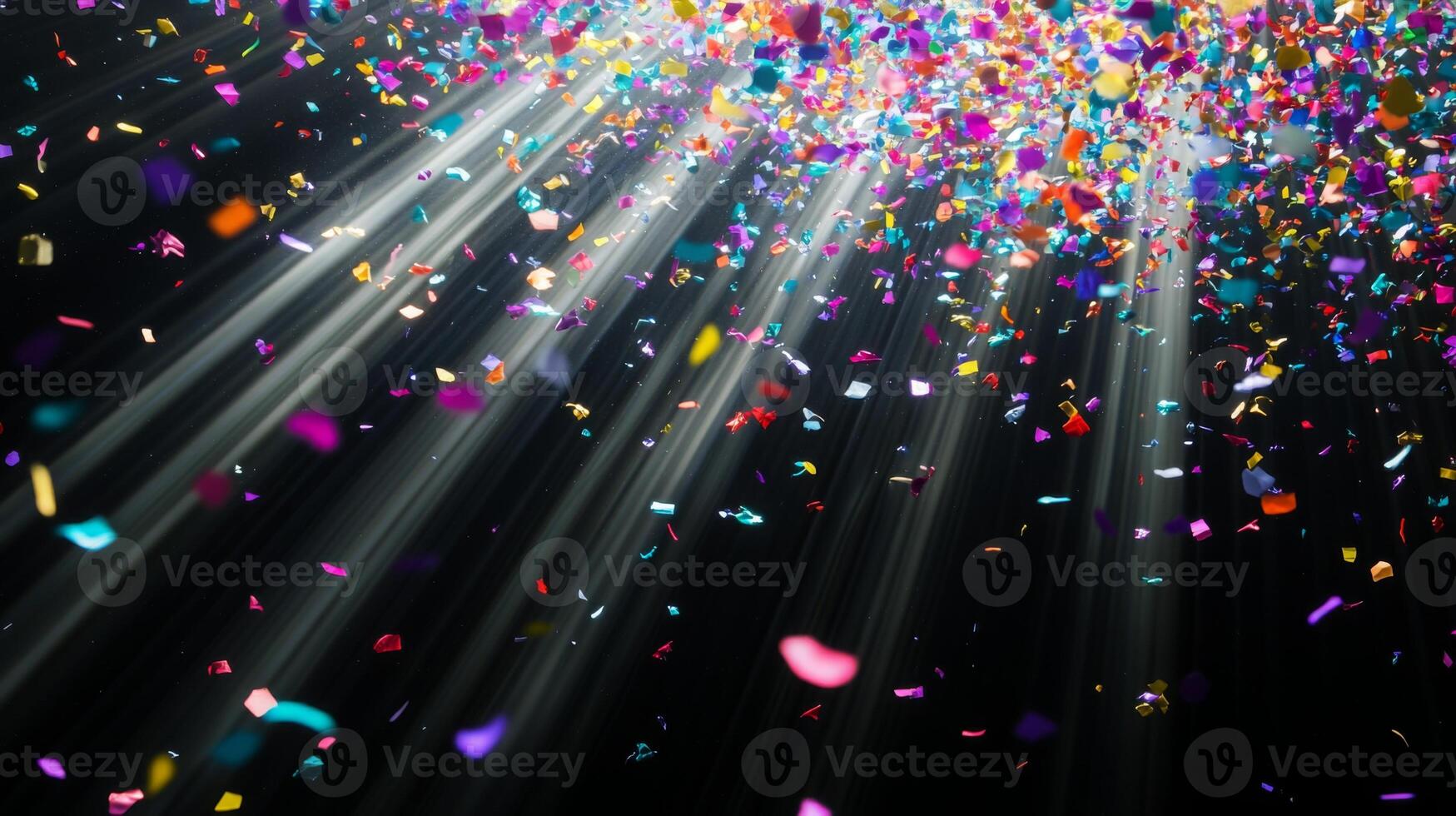 Multicolored confetti raining down against a black backdrop, with dramatic light rays streaming through the scene, casting shadows and reflections photo