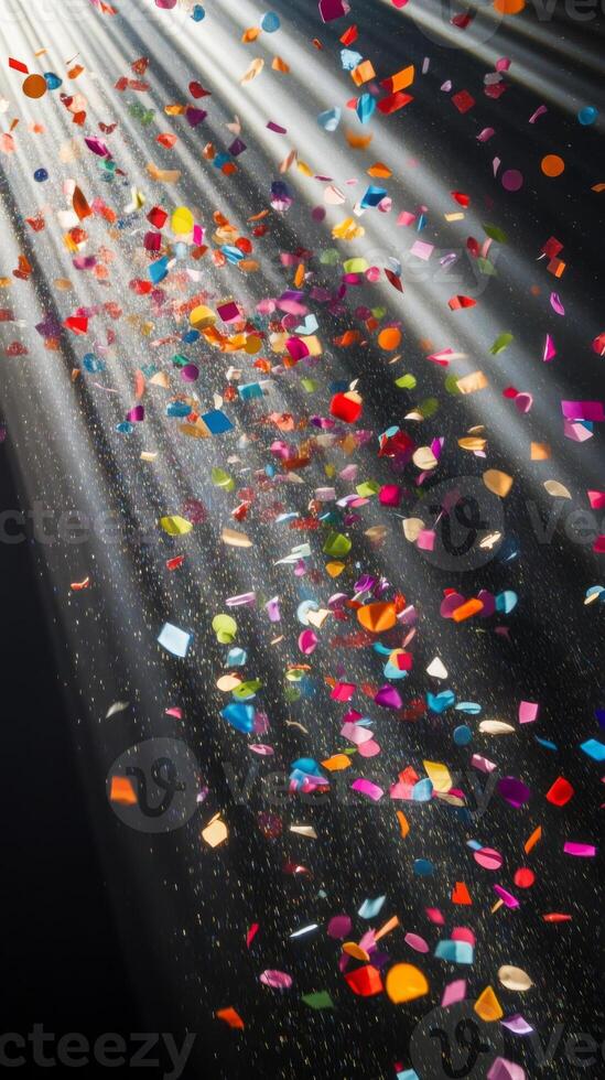 Multicolored confetti raining down against a black backdrop, with dramatic light rays streaming through the scene, casting shadows and reflections photo