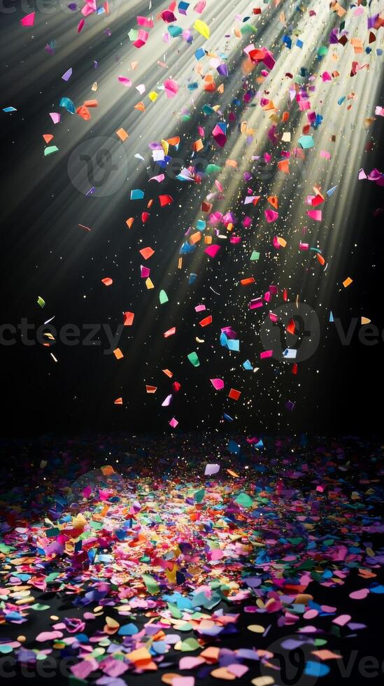 Multicolored confetti raining down against a black backdrop, with dramatic light rays streaming through the scene, casting shadows and reflections photo