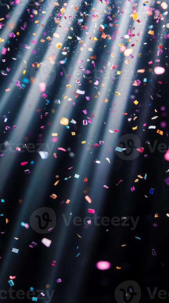 Soft, multicolored confetti drifting through shafts of light, with the dark background creating a stark, captivating contrast photo