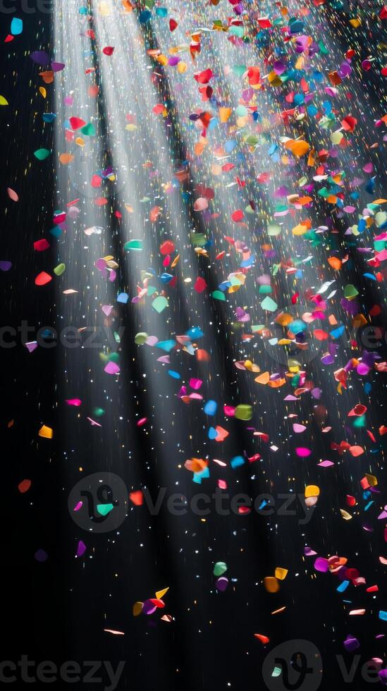 Multicolored confetti raining down against a black backdrop, with dramatic light rays streaming through the scene, casting shadows and reflections photo