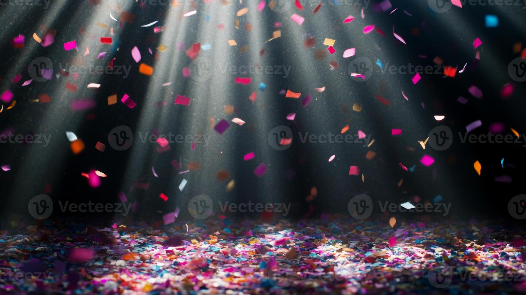 Soft, multicolored confetti drifting through shafts of light, with the dark background creating a stark, captivating contrast photo
