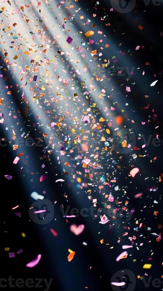Soft, multicolored confetti drifting through shafts of light, with the dark background creating a stark, captivating contrast photo