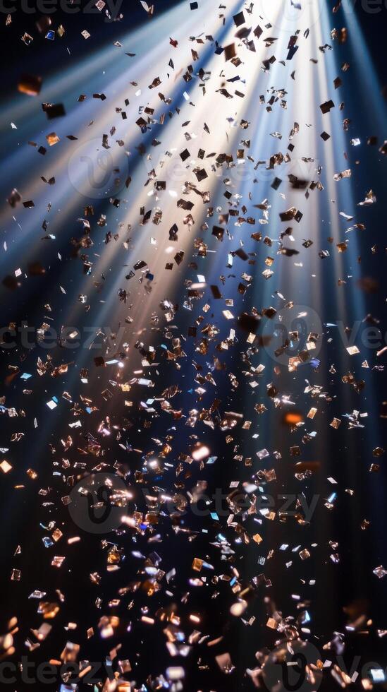 A cascade of metallic confetti falling in slow motion, with radiant beams of light piercing through the darkness, highlighting each piece in vivid detail photo