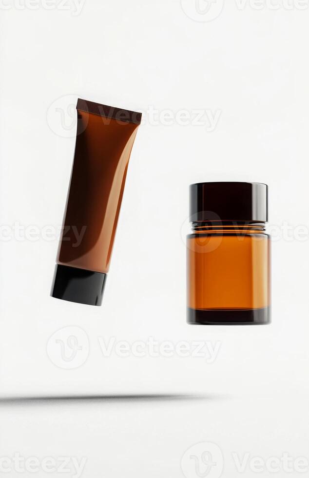A floating cosmetic tube and jar set, both suspended side by side in mid-air, with a pure white background highlighting their shapes photo