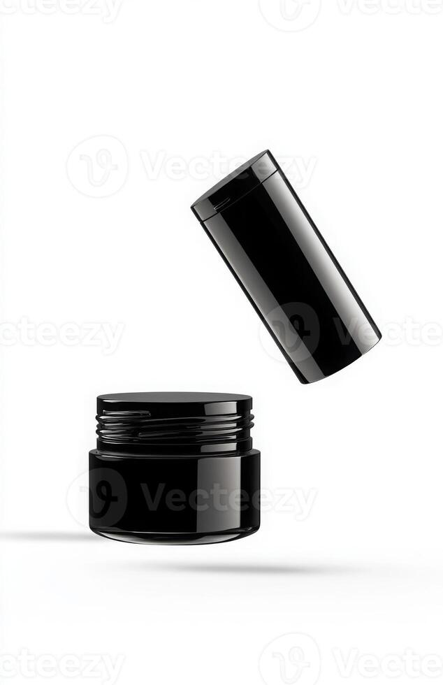 A floating cosmetic tube and jar set, both suspended side by side in mid-air, with a pure white background highlighting their shapes photo