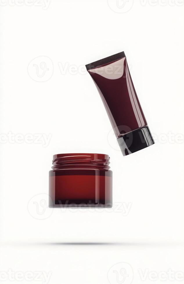 A floating cosmetic tube and jar set, both suspended side by side in mid-air, with a pure white background highlighting their shapes photo