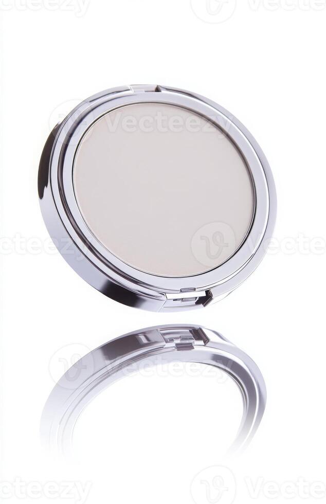 A flat cosmetic compact case levitating in mid-air, with clean edges and smooth reflections, isolated on a bright white background photo