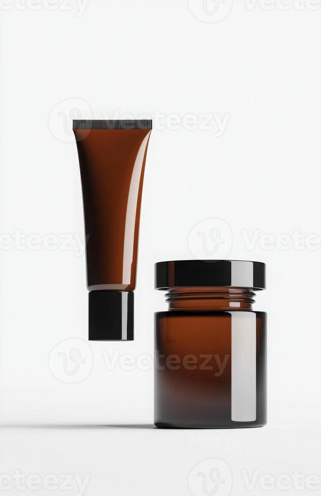 A floating cosmetic tube and jar set, both suspended side by side in mid-air, with a pure white background highlighting their shapes photo