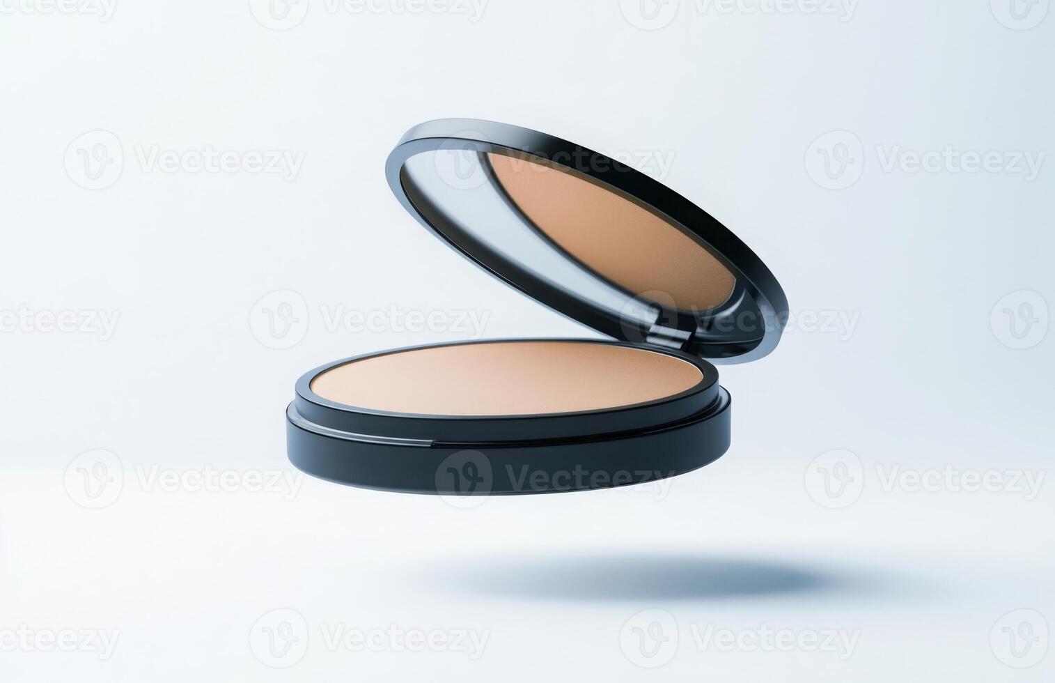 A flat cosmetic compact case levitating in mid-air, with clean edges and smooth reflections, isolated on a bright white background photo