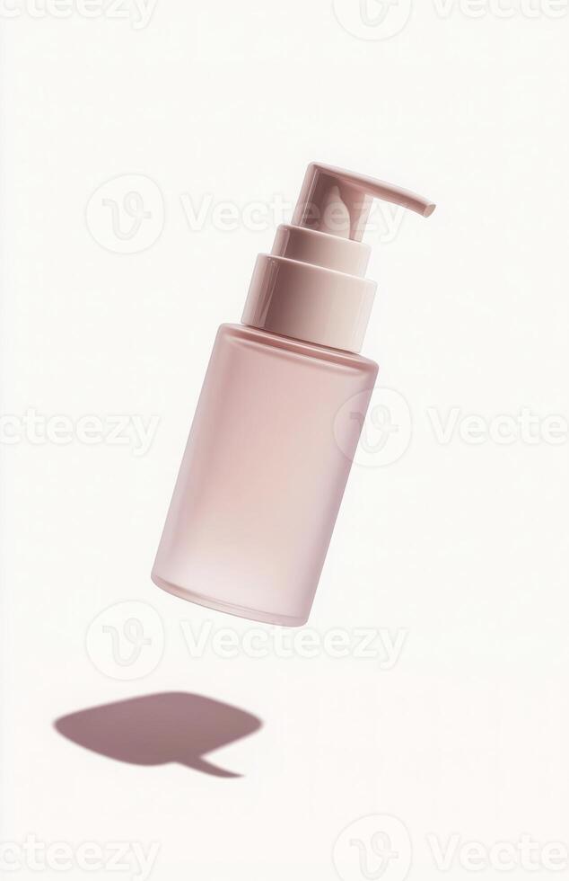 A sleek, plain cosmetic pump bottle floating horizontally in mid-air, casting a delicate shadow on a white background photo