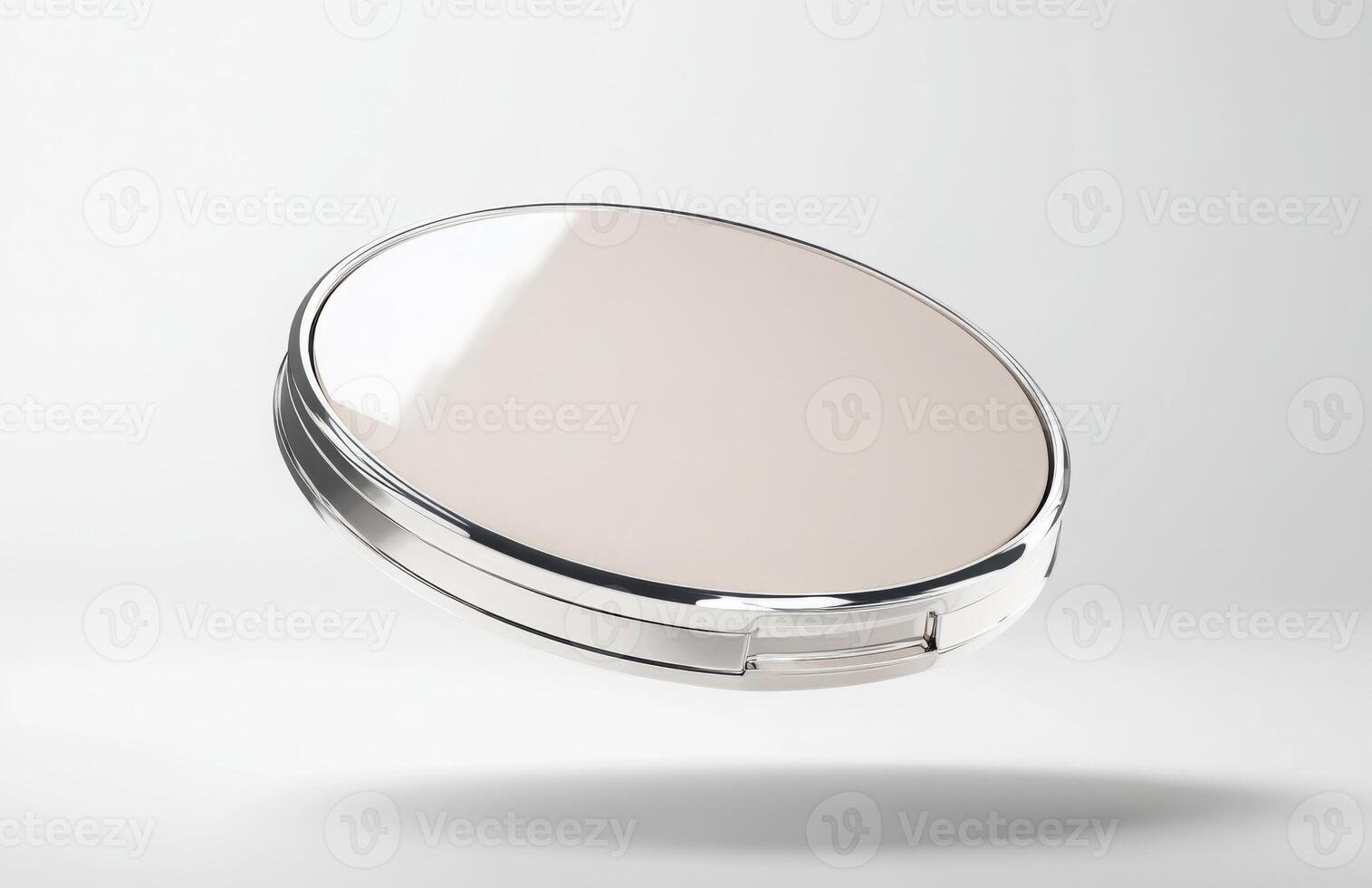 A flat cosmetic compact case levitating in mid-air, with clean edges and smooth reflections, isolated on a bright white background photo