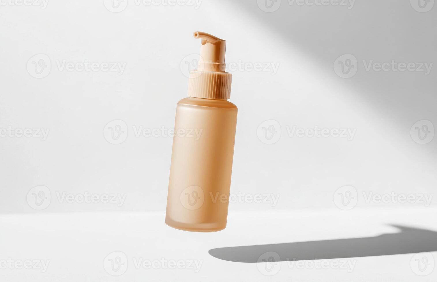 A sleek, plain cosmetic pump bottle floating horizontally in mid-air, casting a delicate shadow on a white background photo