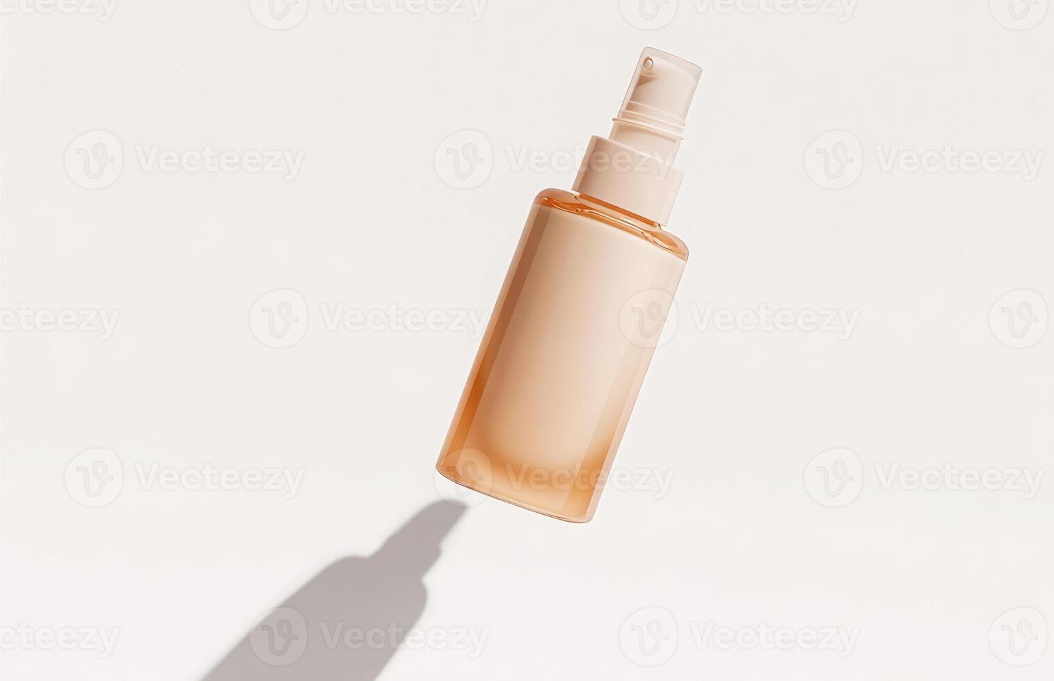 A sleek, plain cosmetic pump bottle floating horizontally in mid-air, casting a delicate shadow on a white background photo